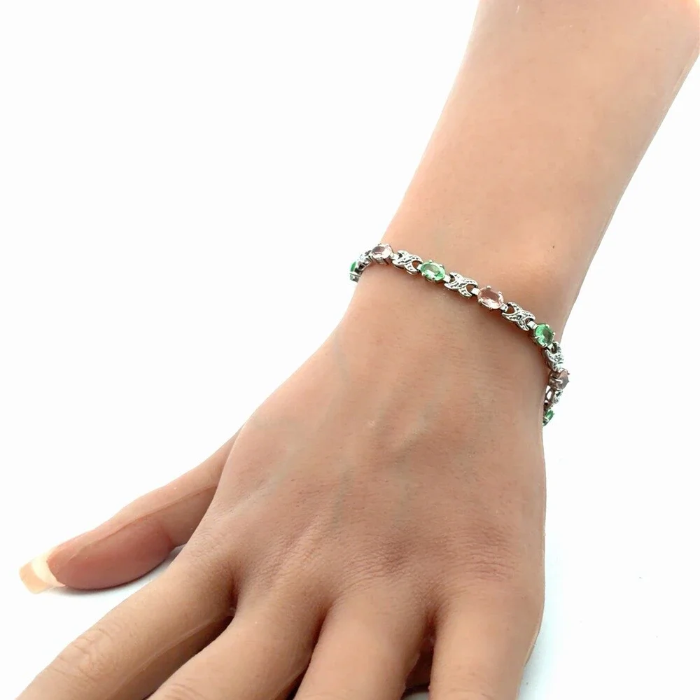 Designer Sterling Silver Pink & Green Cubic Zirconia Chain Link Tennis Bracelet